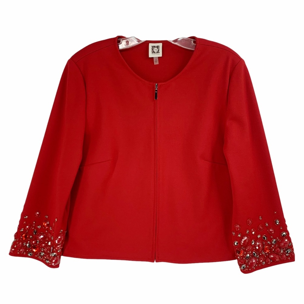 Anne Klein Zipper Front Bead Embellished 3/4 Sleeve Red Blazer